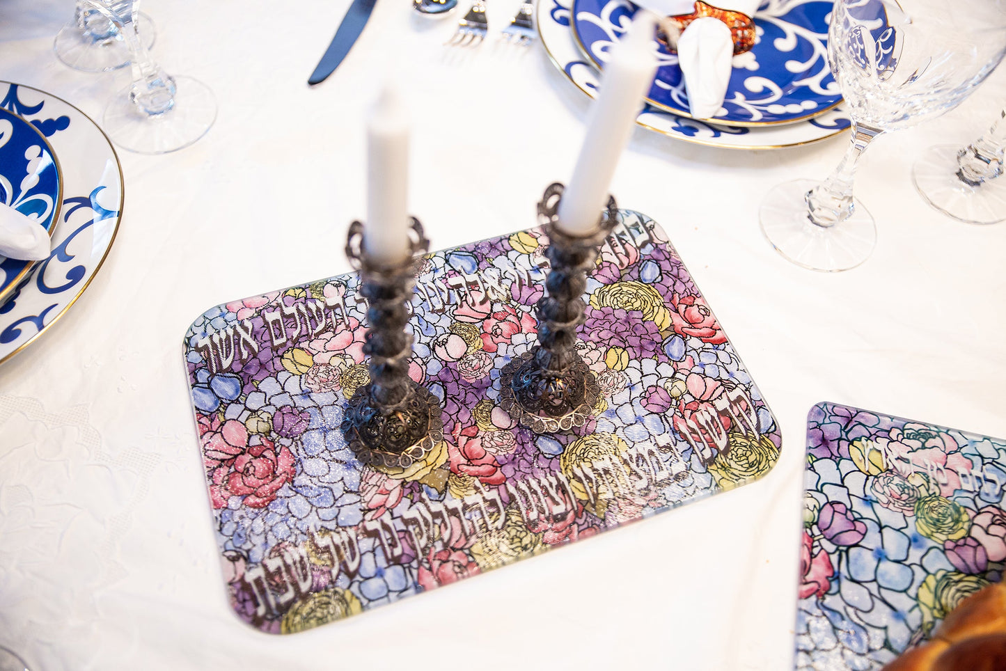 Floral Shabbat Candle Drip Tray