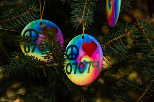Peace Love Zip Code Tie Dye Ornament | Personalization